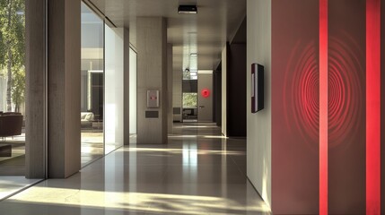 Poster - Modern hallway, concrete pillars, glass walls, red light.