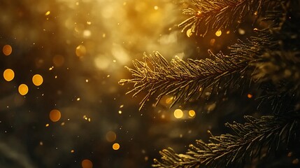 Aufkleber - Close-up of a frosted pine branch with bokeh lights and falling snow in warm tones.