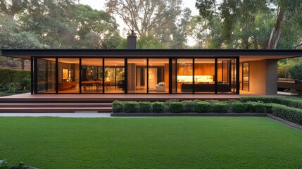 Poster - Modern glass house with wooden deck, lawn, and landscaping at dusk.
