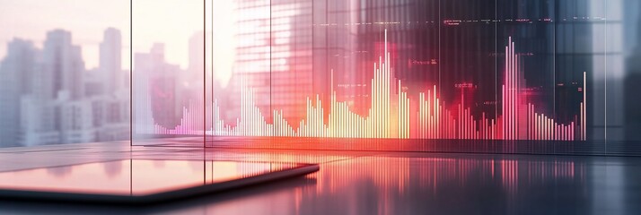 Leinwandbilder - Tablet on desk in modern office overlooking city skyline with financial graph overlay.