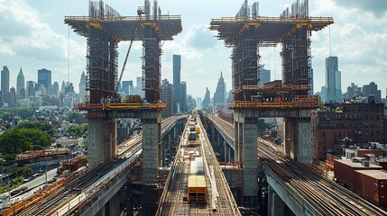Poster - Aerial view of a large-scale bridge construction project in a city.