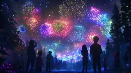 Poster - Silhouetted children watch a vibrant fireworks display illuminating a dark forest at night.