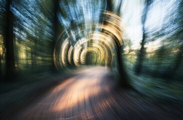 Poster - Abstract forest path with motion blur effect, sunlight filtering through trees creating a dreamy, surreal atmosphere.