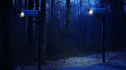 Poster - Night surveillance cameras in snowy woods.