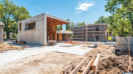 Poster - Modern house under construction, showcasing concrete structure, wooden framing, scaffolding, and building materials.