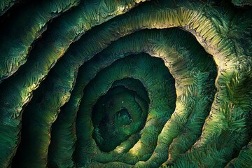 Aufkleber - Abstract aerial view of swirling green textured landscape, resembling a deep crater or sinkhole.