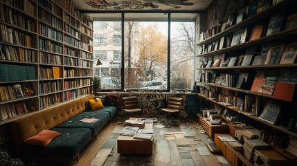 Poster - Cozy bookstore interior with bookshelves, sofa, and large window.