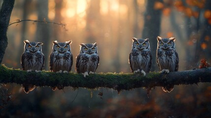 Aufkleber - Five owls perched on a mossy branch at sunset in a forest.