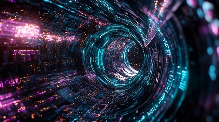 Aufkleber - Abstract digital tunnel with glowing neon lights and intricate circuitry.