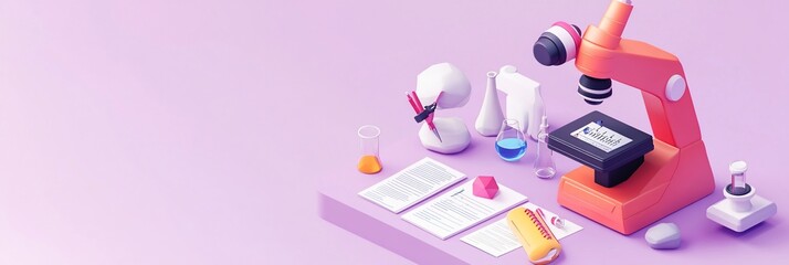 Aufkleber - Low-poly 3D rendering of a science lab scene with microscope, beakers, and documents on a purple surface.