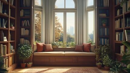 Aufkleber - Sunlit library bay window with bookshelves, window seat, plants, and autumnal view.