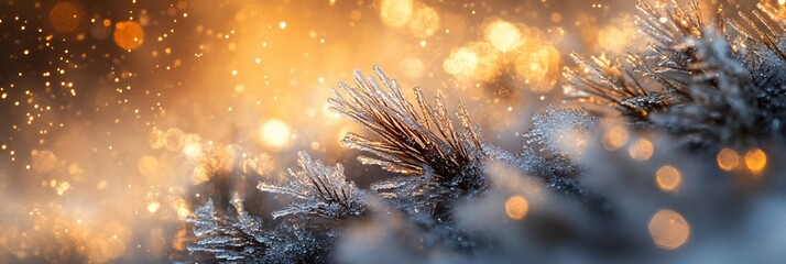 Poster - Close-up of frost-covered pine needles with bokeh background.