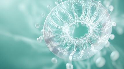 Fototapete - Abstract microscopic view of a translucent cell with flowing structures and bubbles on a teal background.