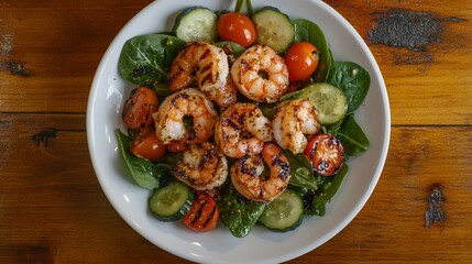 Poster - Grilled shrimp salad with spinach, cherry tomatoes, and cucumber on a wooden table.