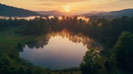 Fototapete - Sunrise over a tranquil heart-shaped lake nestled in a misty valley, surrounded by lush green trees and rolling hills.