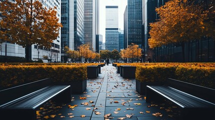 Leinwandbilder - Autumnal city park with benches, fallen leaves, and skyscrapers in background.