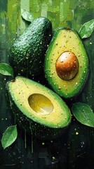 Wall Mural - Close-up of Two Whole Avocados and One Halved Avocado with a Seed Showcasing Detailed Texture and Rich Green Hues Enhanced by Artistic Brush Strokes