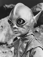 Retro 1960s 1950s style vintage b-movie reptilian space alien little green man with antennae on UFO nostalgic comic book illustration black and white tv show style villain campy fun avatar