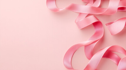 Poster - Pink satin ribbon curving, creating elegant border on soft pink surface, symbolizing romance and festivity