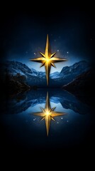 Wall Mural - A radiant golden star shines brightly over a serene mountain lake, reflecting its celestial glow in the still waters below. A scene of peace and wonder.