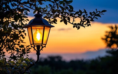 Poster - Illuminated lantern hanging from tree branch at sunset.