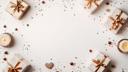 Aufkleber - Romantic flat lay composition with gift boxes, candles and heart shaped confetti on white background creating a frame with copy space