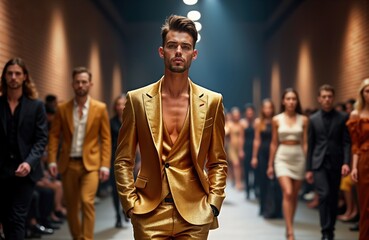 Wall Mural - Handsome male top model walks runway fashion show. Stylish gold suit. Trendy menswear collection. Elegant pose. Fashion week event. Attractive young man. New style. Milan New York City. Men wear