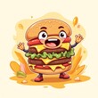 © Drowfear - Ilustración vectorial de una hamburguesa animada con cara sonriente, brazos y piernas, ideal para menús infantiles, publicidad de comida rápida y diseño de personajes divertidos.