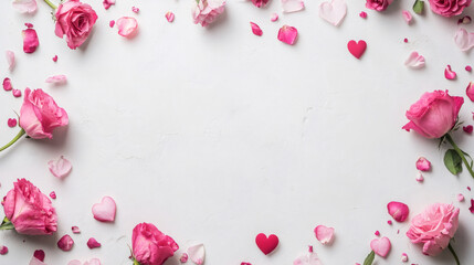 Poster - Delicate pink rose petals with heart shapes framing white textured background, evoking romantic Valentine's Day sentiment
