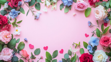 Poster - Beautiful floral frame composition with roses, hydrangeas, eucalyptus leaves and hearts on pink background for Valentine's Day, copy space