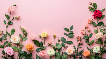 Poster - Floral composition forming a frame with colorful roses, leaves and buds on a pink background, perfect for Valentine's Day projects