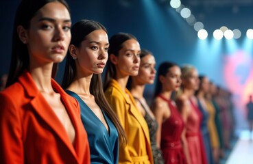 Wall Mural - Fashion models in colorful clothes stand in row on runway. Models look focused, poised. Fashion show happening. Background blurred. Seems to new collection. Could Milan London fashion week event.