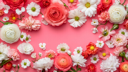 Poster - Beautiful floral composition forming a heart shaped frame on a pink background, ideal for Valentine's Day projects