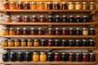 © Hashim - A high-end product display stand featuring organic jams, luxury honeys, and specialty fruit preserves, neatly arranged on elegant wooden shelves.