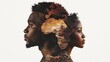 © SKIMP Art - A double exposure illustration of an African American man and woman with deep brown skin, featuring the map of Africa in the background Generative AI