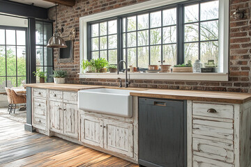 Wall Mural - Rustic Farmhouse Kitchen With White Cabinets And Wood Countertops