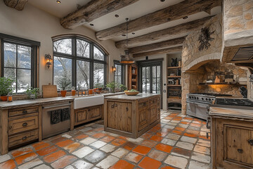 Wall Mural - Rustic Kitchen With Exposed Beams And Stone Fireplace