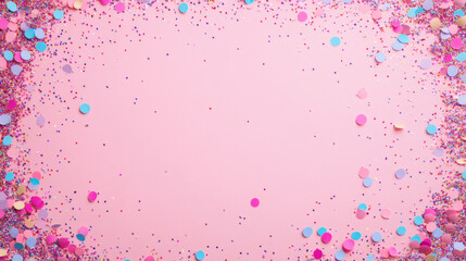 Poster - Sparkling pink backdrop scattered with vibrant confetti and glittery elements, framing celebratory Valentine's or birthday mood