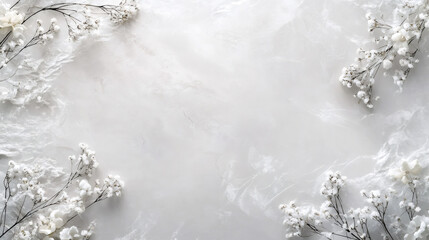 Poster - Delicate white gypsophila petals framing soft textured surface, showcasing romantic floral composition ideal for love-themed design