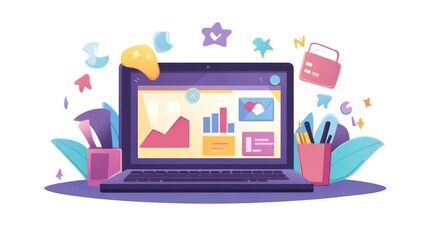 Poster - Laptop displaying graphs, charts, and icons surrounded by stationery and decorative elements.