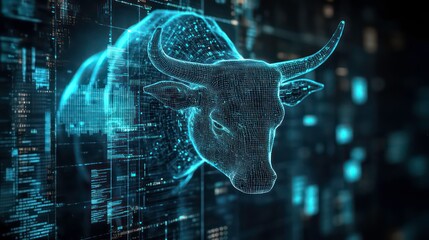 Poster - Digital bull head, glowing blue, financial technology, data visualization, stock market.
