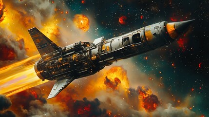 Wall Mural - retro rocket soaring through fiery nebula.