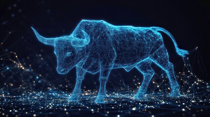 Poster - Abstract digital bull, glowing lines, dark background.