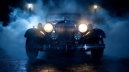 Wall Mural - Classic car at night, headlights illuminated, fog.