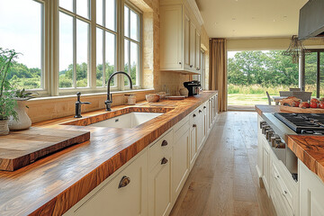 Wall Mural - Rustic Kitchen Island With Wood Countertop And View