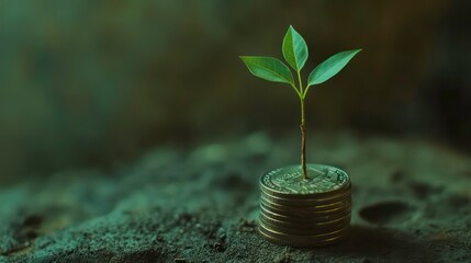 Aufkleber - A small plant sprout growing from a stack of coins on dark soil.