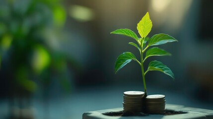 Aufkleber - Young plant sprout growing from stack of coins, symbolizing investment growth and financial success.
