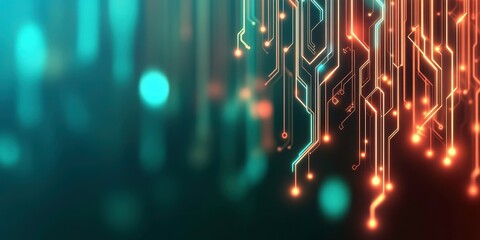 An abstract digital design featuring glowing lines and circuits against a dark background, symbolizing technology and innovation.