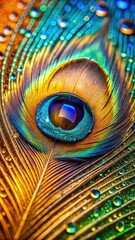 Poster - Close up of a Colorful Peacock Feather With Water Droplets. Generative AI