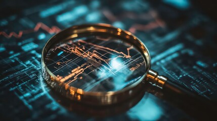 Aufkleber - Magnifying glass over financial charts, analyzing market trends and data.